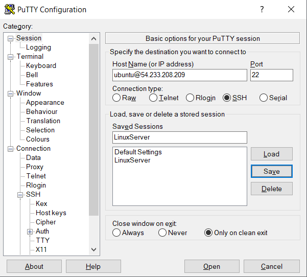 PuTTY tela inicial configurada