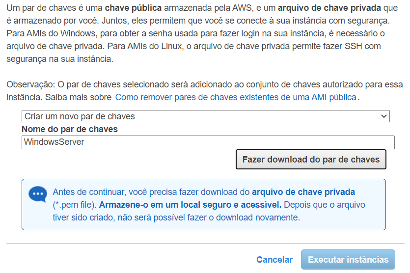 Criar um novo par de chaves